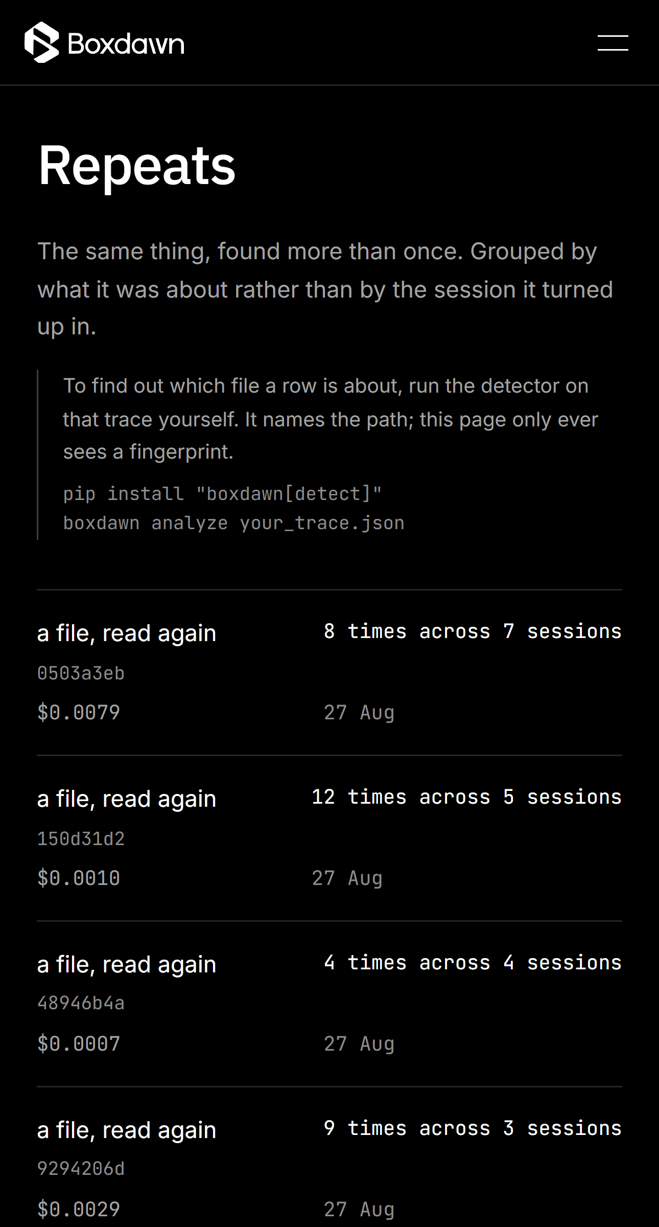 The Repeats screen in the signed-in app. Rows read "a file, read again" with counts beside them: eight times across seven sessions, twelve times across five, four times across four. Each row carries an eight-character fingerprint, a cost of less than a cent, and the dates it spanned, and no row names a file.